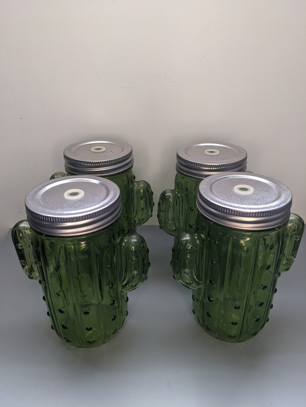 Green Glass Cactus Drinking Jars With Metal Lids No Straws Included Set 4 Summer